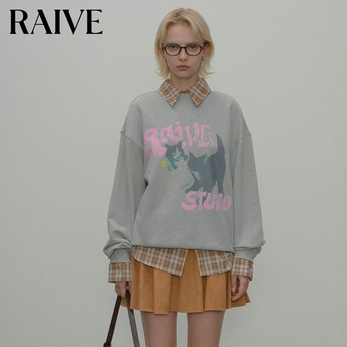 RAIVE撞色logo猫咪印花卫衣