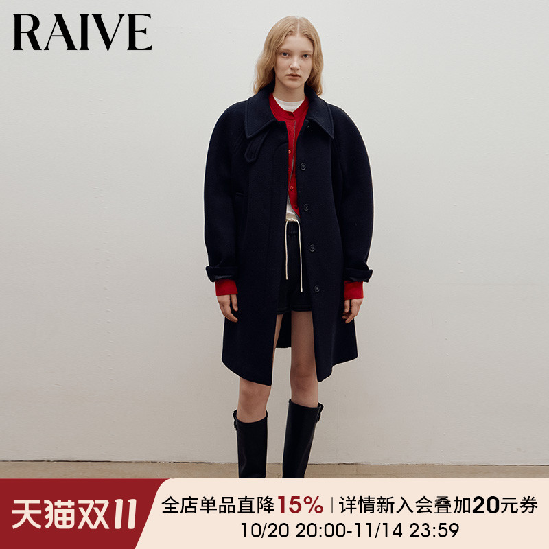 RAIVE复古小翻领中长款毛呢外套