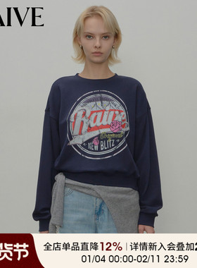 RAIVE冬季新款BOHO玫瑰卫衣女宽松logo做旧效果印花短款圆领上衣