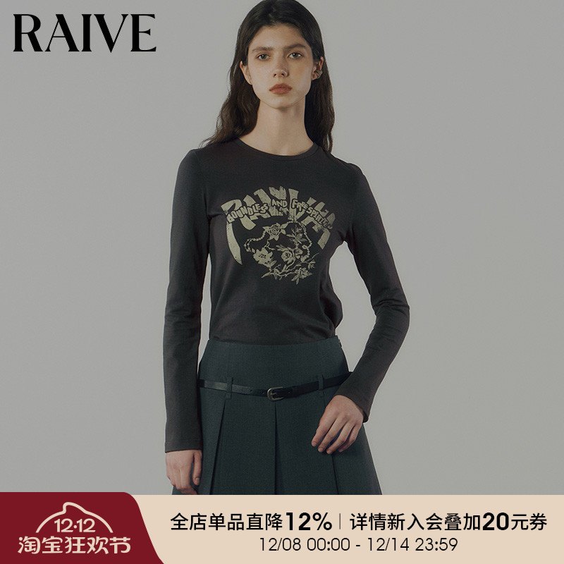 RAIVE英文花卉印花圆领长袖T恤