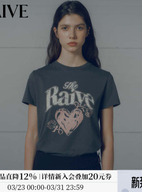 RAIVE甜心T恤2026春季女上衣韩系logo爱心印花灰色红色圆领短袖