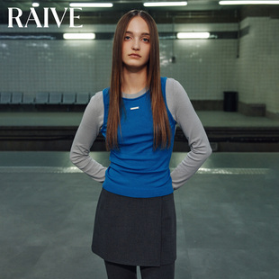 RAIVE2026春季新品女撞色假两件韩系层次感上衣内搭圆领毛针织衫