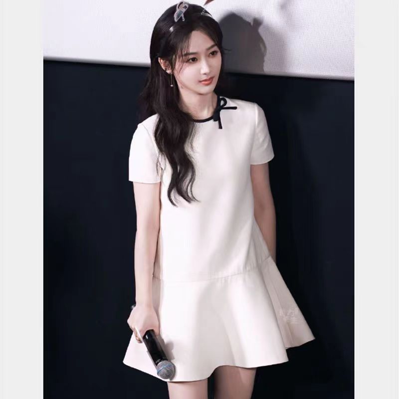 杨紫明星同款白色小个子连衣裙蝴蝶结女装夏季短袖洋气显瘦鱼尾