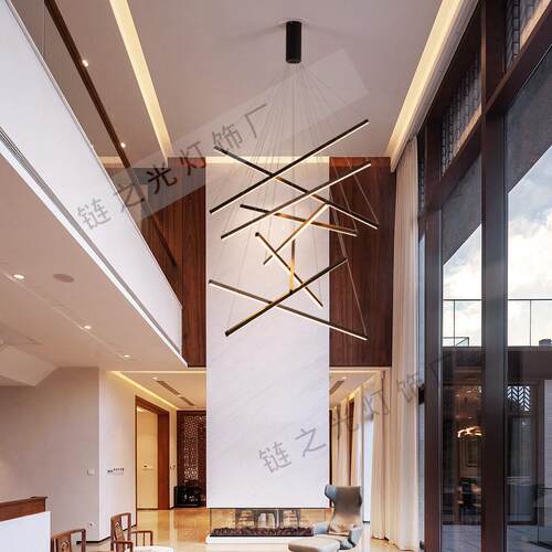 极简大气loft复式楼别墅楼梯间高层黑金色大吊灯餐厅客厅线条吊灯