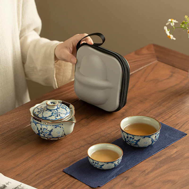 汝窑元青花开片旅行茶具套装包