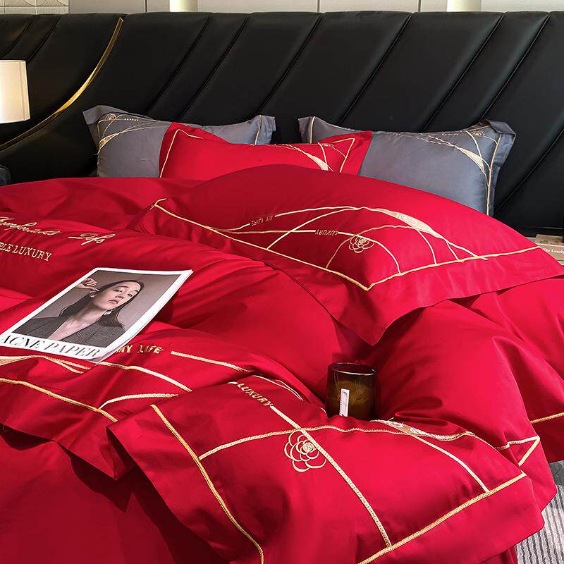高档欧式简约纯棉婚庆四件套大红色刺绣被套床单全棉结婚床上用品