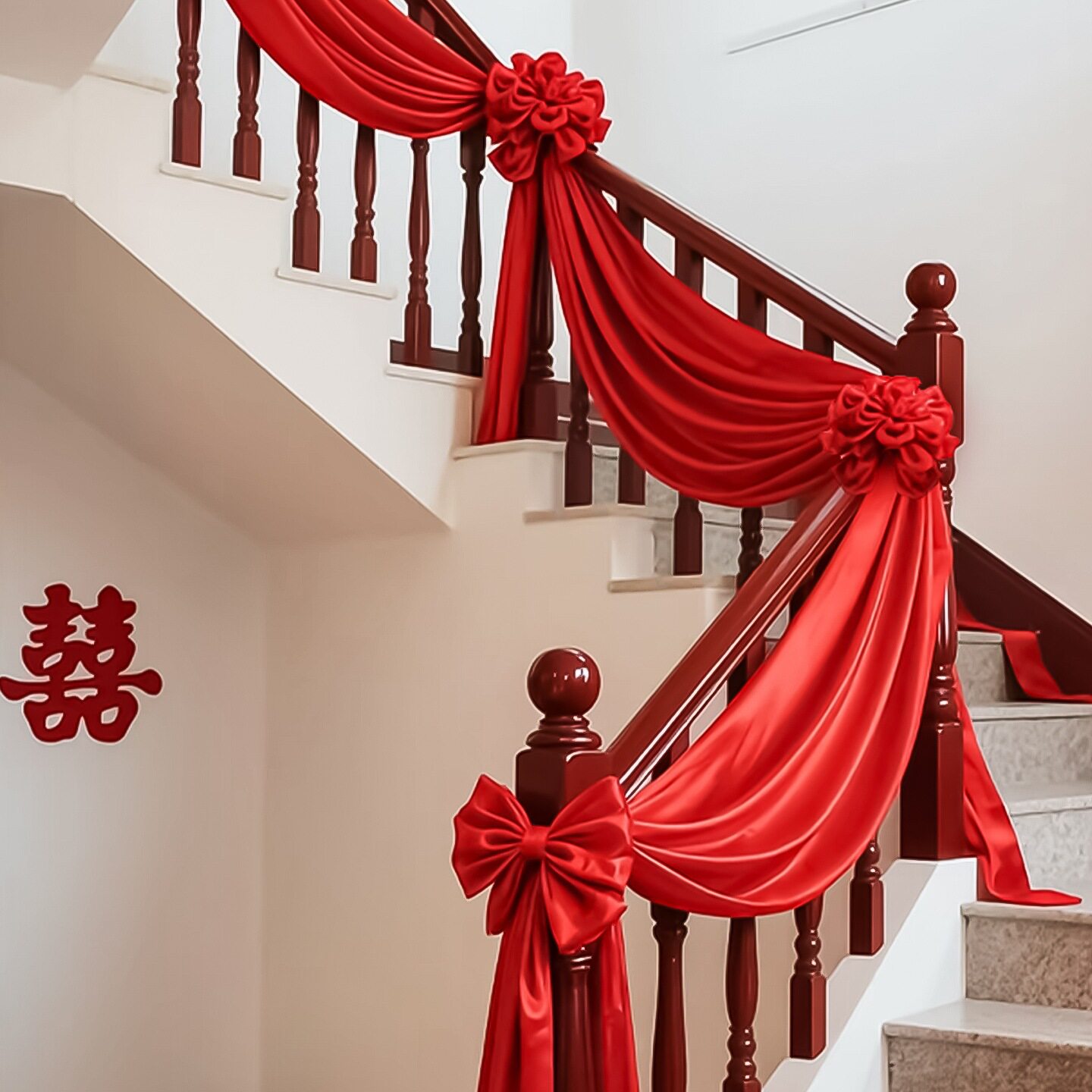 男方婚礼布置楼梯扶手纱幔装饰女方农村新房布幔结婚房布置全套装