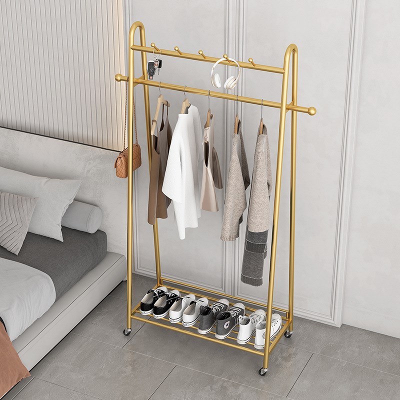 多功能落地卧室衣帽架小型不占空间挂衣杆家用衣服鞋包收纳架带轮