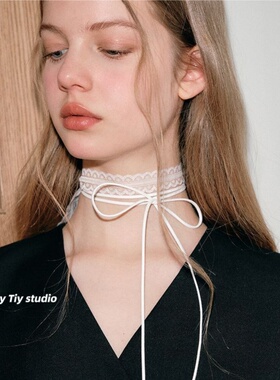 叠戴层次感设计白色蕾丝飘带女春夏百搭细窄长条丝巾锁骨颈带项链