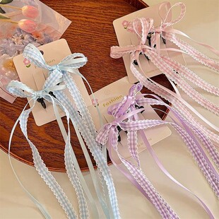 芭蕾风格子蝴蝶结丝带超仙发夹飘带小抓夹双马尾麻花辫发饰头饰女