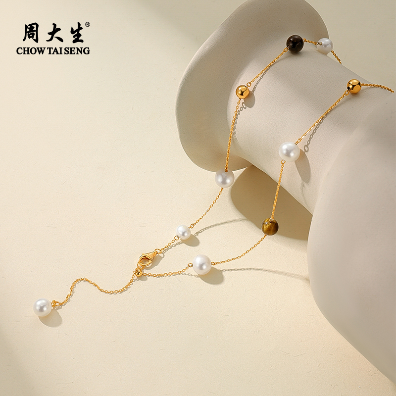 周大生虎眼石满天星珍珠项链女近圆强光淡水珍珠颈链毛衣链通勤
