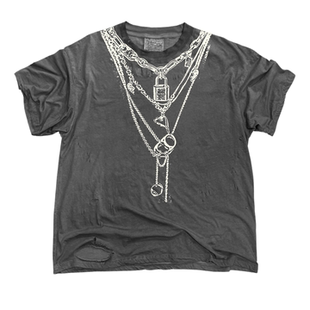 十卟SHIBU 项链锁扣做旧古着破洞大码水洗宽松别致暗黑短袖T恤