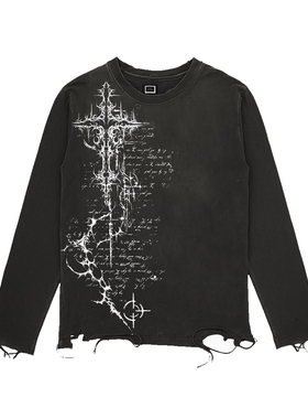 十卟SHIBU日漫千禧风heavymetal印花嘻哈垃圾摇滚颓废绝辣长袖T恤