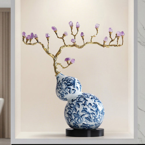 中古风黄铜青花瓷葫芦摆件客厅玄关新中式装饰品乔迁新居开业礼品