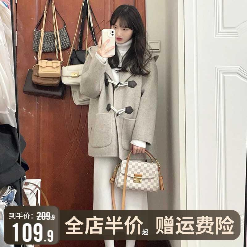 小个子赫本风2024年新款秋冬加厚呢子大衣高级感牛角扣毛呢外套女