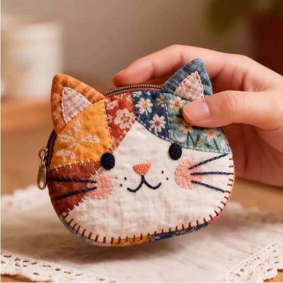 可爱高颜值布艺拼接小猫零钱包