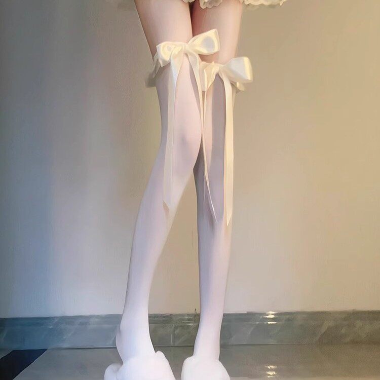 奶白色天鹅绒过膝袜蝴蝶结长筒袜