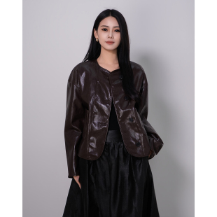 油蜡复古棕咖色皮夹克 新款 北欧传奇 小圆领真皮外套女2026春季