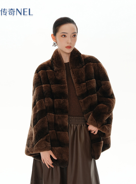 北欧传奇 心软的兔兔 2025冬季新款宽松阔版条纹獭兔毛皮草外套女
