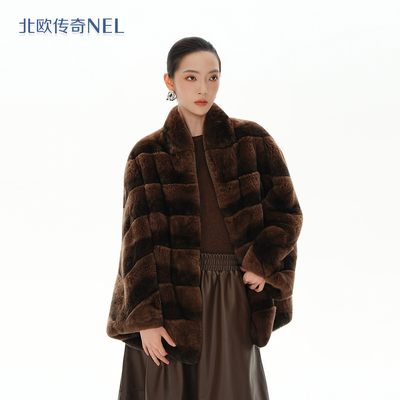 北欧传奇 心软的兔兔 2025冬季新款宽松阔版条纹獭兔毛皮草外套女