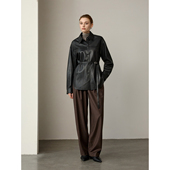 款 北欧传奇 重磅荔枝纹山羊皮外套女衬衫 收腰显瘦复古真皮皮衣软