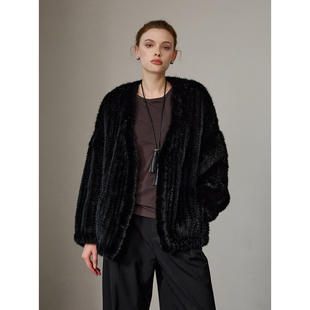 北欧传奇|进口编织水貂外套女冬季新款V领开衫式宽松阔版皮草外套