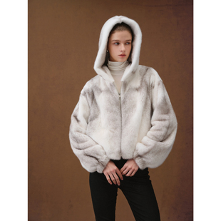 银十字水貂短外套女 拉链连帽年轻款 北欧传奇 进口貂皮皮草冬新款