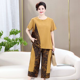 洋气中老年女40 新品 套装 e200斤胖mm短袖 50岁60两件套妈 特体大码