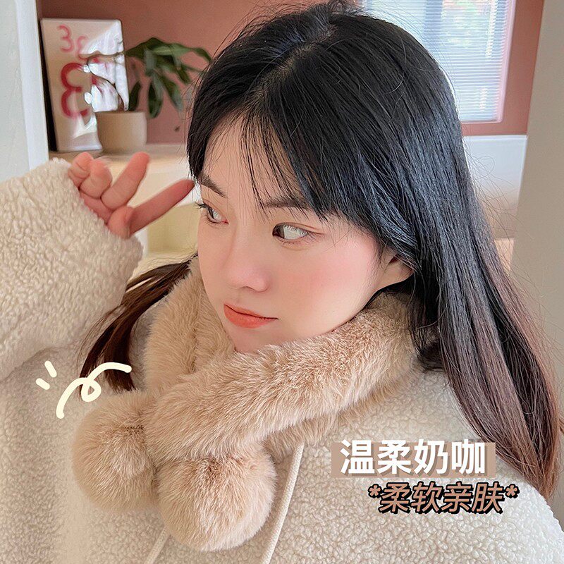 极速ins风简约百搭交叉围w脖女可爱韩版冬天毛绒围巾甜美日系毛球