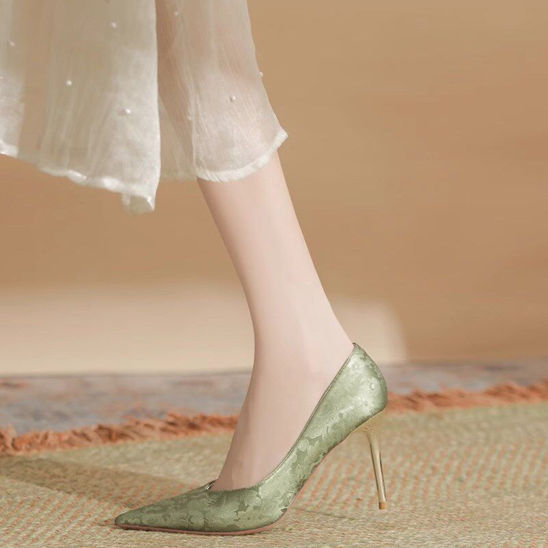 极速新中式国风高跟鞋女细跟2026新款百搭绿色配T马面裙刺绣旗袍