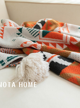 极速民族风沙发毯轻奢美式复古y空调毯橙色毯子客厅沙发午睡盖毯