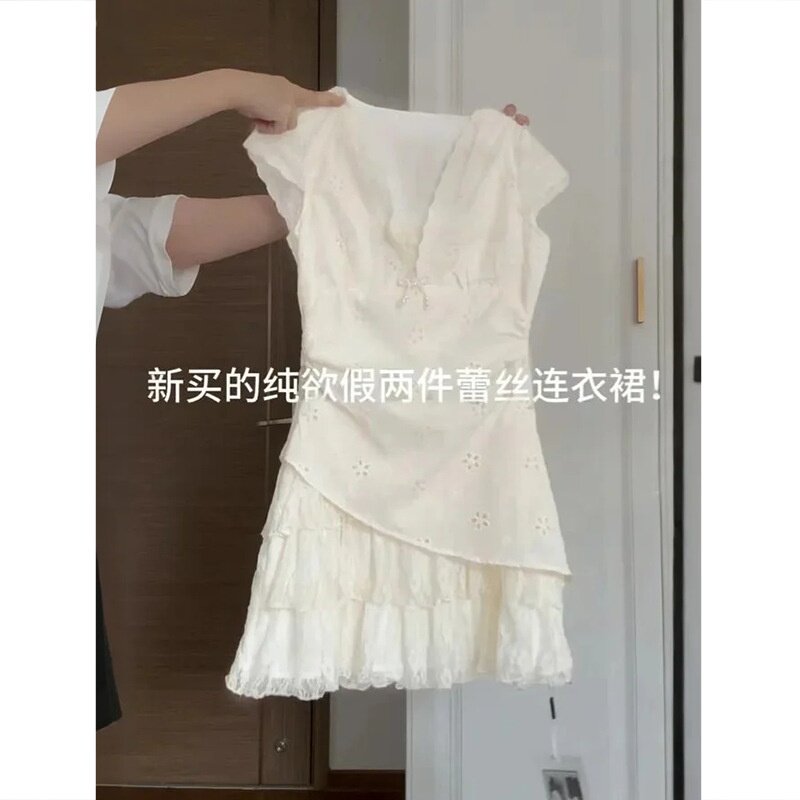 白色连衣裙女短款小个子掐腰a字夏日巨好看绝美纯欲蕾丝小短裙子