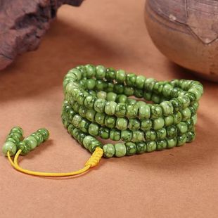 菜籽黄绿松石108颗老型桶珠手串 铁线高瓷绿松石散珠盘玩手链配饰
