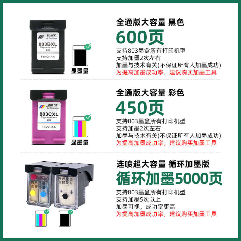 适用惠普803墨盒1112 2132 2621 A2622 2623连喷2131打印机HP803X