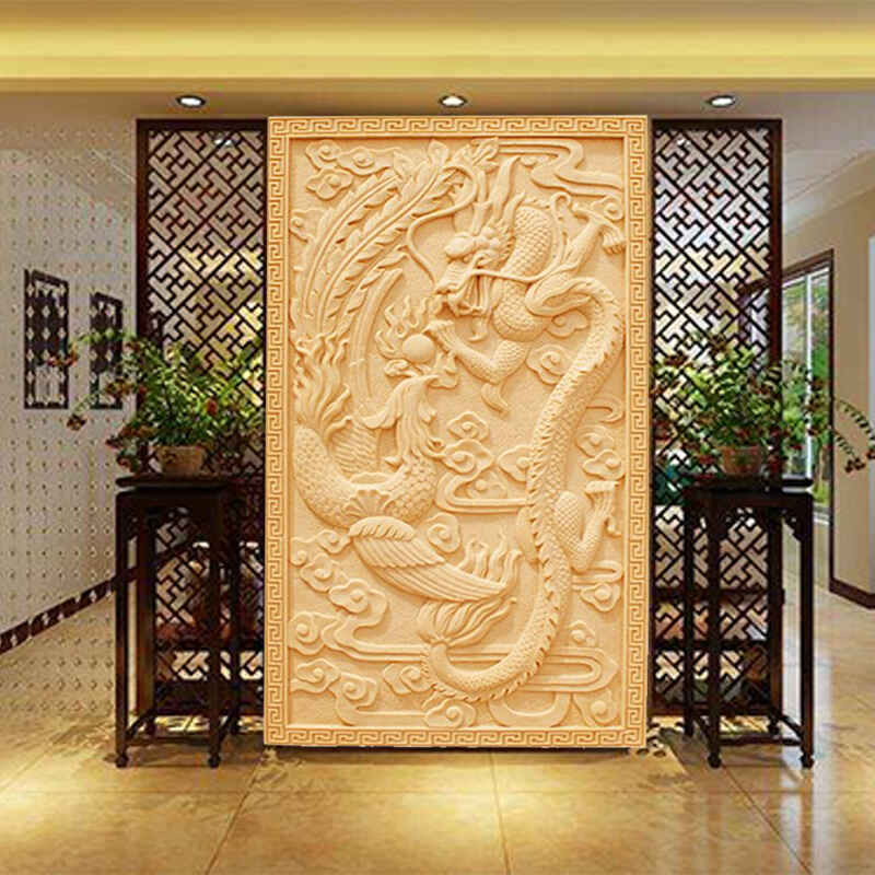 砂岩浮雕中式壁画别墅酒店背景墙装饰龙浮雕龙凤呈祥双龙戏珠浮雕图片