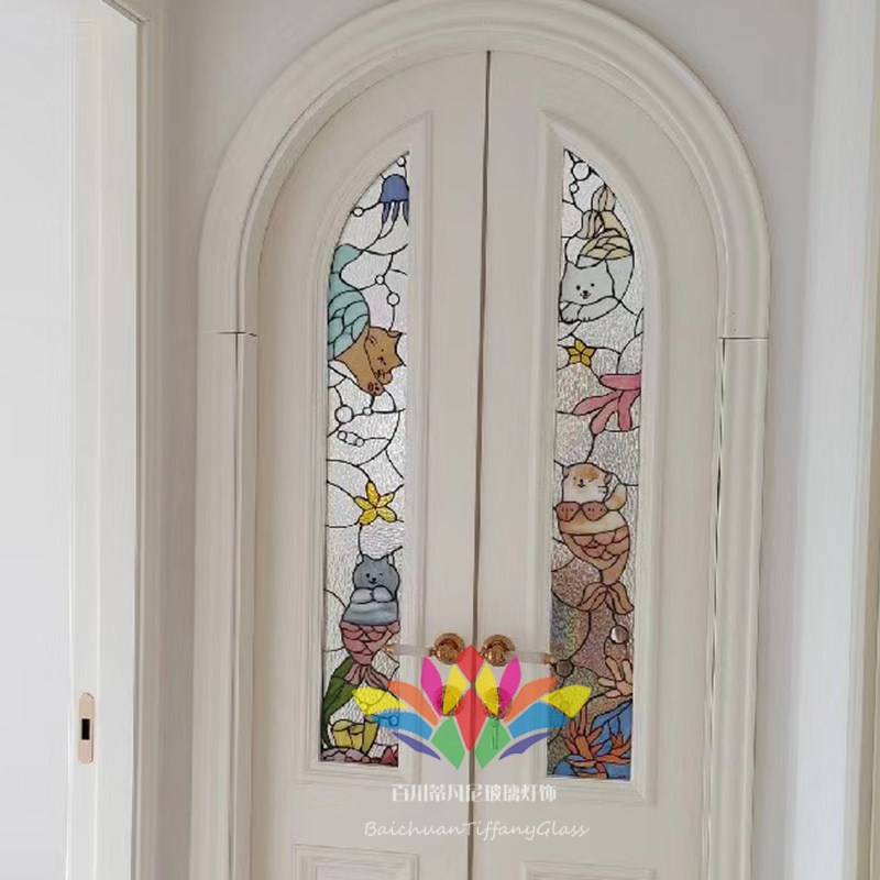蒂凡尼玻璃定制欧法美式美人猫咪弧形门芯花窗双面教堂Z艺术玻璃