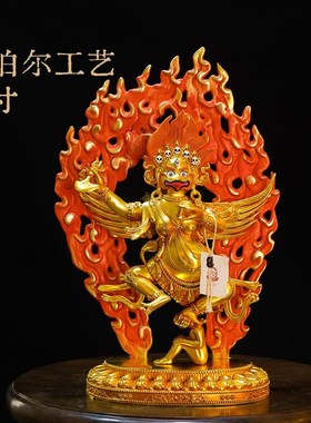 尼泊尔工艺纯f铜鎏金彩绘大鹏金翅鸟背光十寸精品仿古鎏金铜像摆