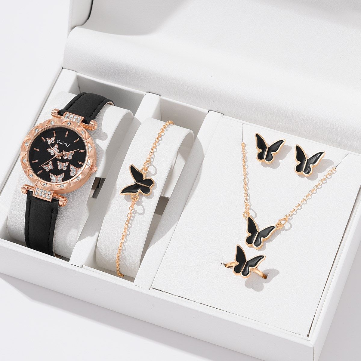 6pcs Luxury Watch Women Ring Necklace Earrings Bracelet Set