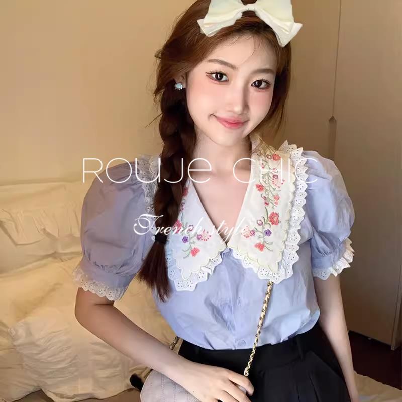 法式刺绣娃娃领泡泡短袖衬衫女夏季设计感蕾丝花边衬衣