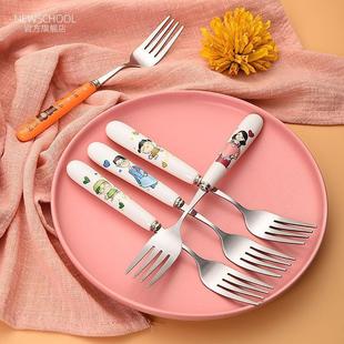 卡通图案叉子儿童餐叉饭叉家用不锈钢西餐牛排叉陶瓷沙拉叉水果叉
