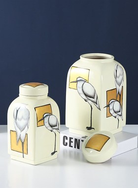 美式乡村手绘花鸟陶瓷罐现代简约家居创意陶瓷摆件V软装饰品工艺