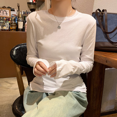 白色卷边长袖t恤女春季新款百搭基础款打底衫修身内搭设计感上衣