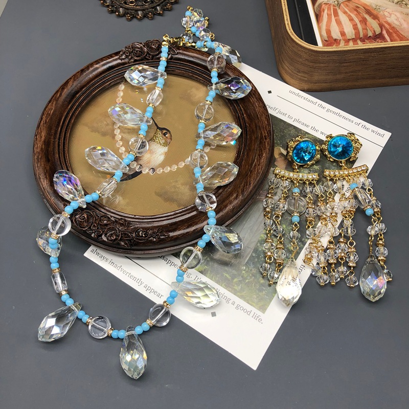 新款中古vintate琉璃串珠项链长款扫肩蓝宝石水晶坠耳环百搭套装