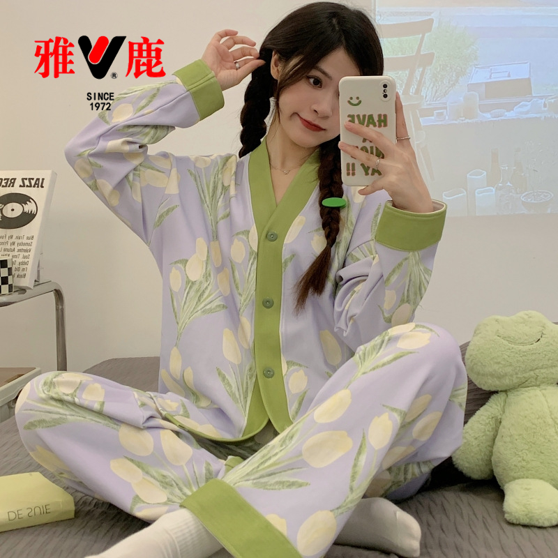雅鹿睡衣女春秋季长袖卡通可爱外出2024年新款开衫宽松家居服大码