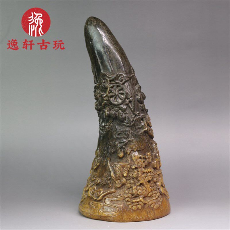 藏传西藏实心牛角尖角老耗牛角z雕刻百子图浮雕黑牛角原材料小摆