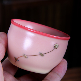 青瓷猪油冻锔钉主人杯李辉熠粉红开D片可养复古中式青绿梅茶杯单