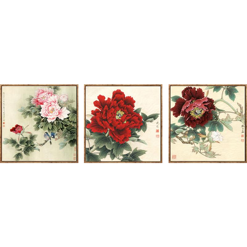 牡丹花开富贵三联装饰画现代简约新中式客K厅沙发背景墙挂画晶瓷图片