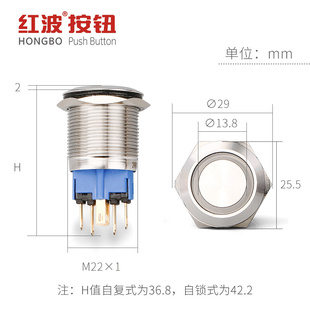 11E金属按钮开22mm不锈钢圆形带灯自锁式 红波HBGQ22 自复位12V24V