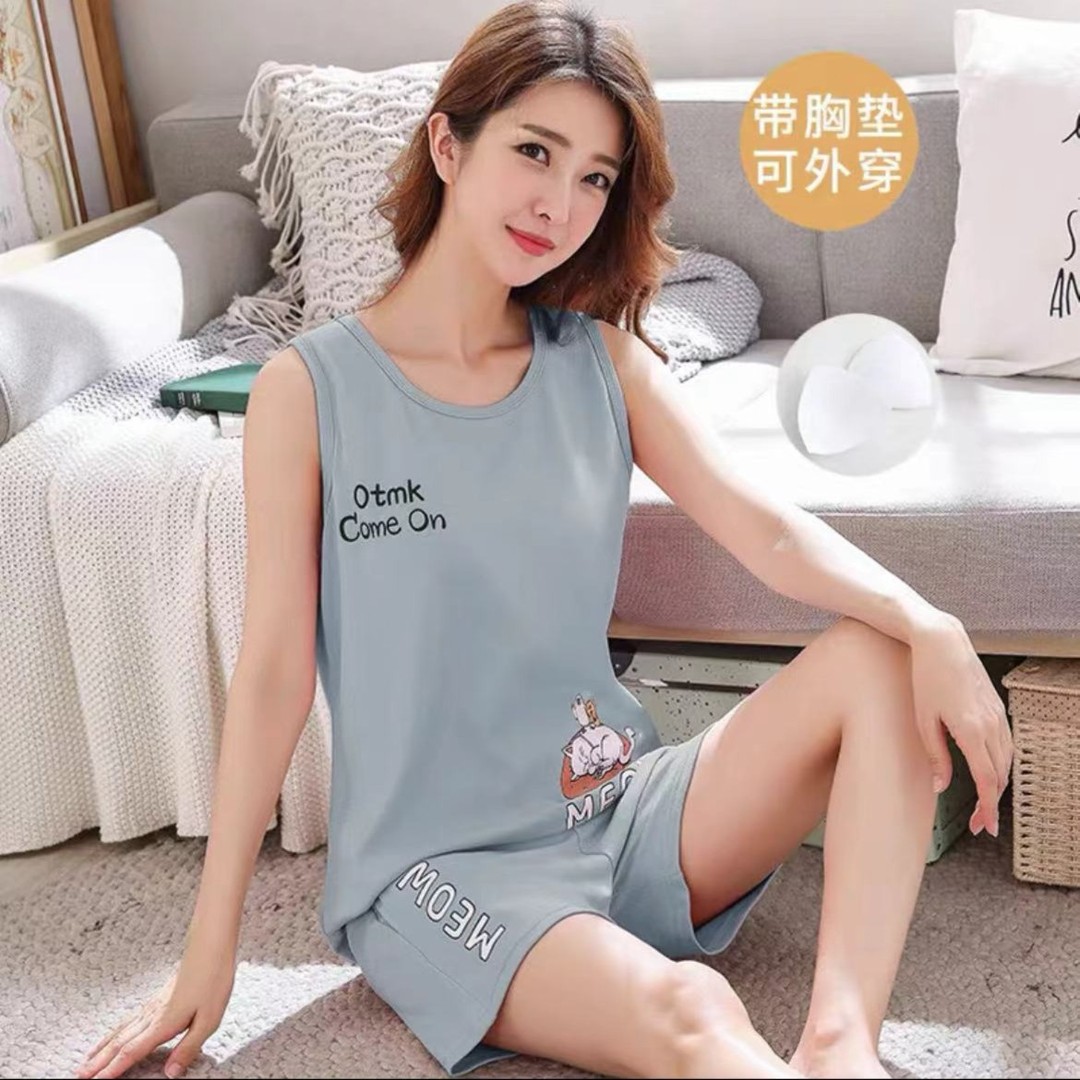 夏季背心带胸垫睡衣女夏天薄款宽松无袖短裤可外穿休闲家居服套装