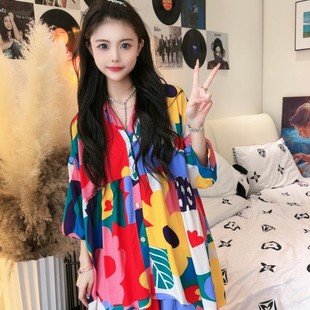 彩虹花朵2025年流行新款 网红旅游外穿印花宽松休闲睡衣 开衫 灯笼袖